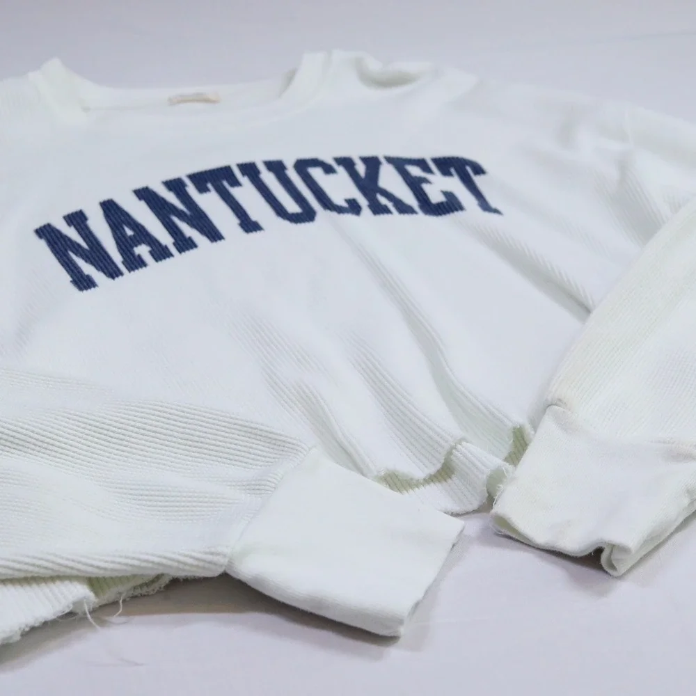 John Galt Nantucket Graphic Thermal Top Women OS White Blue Cropped Waffle Knit - Picture 5 of 13